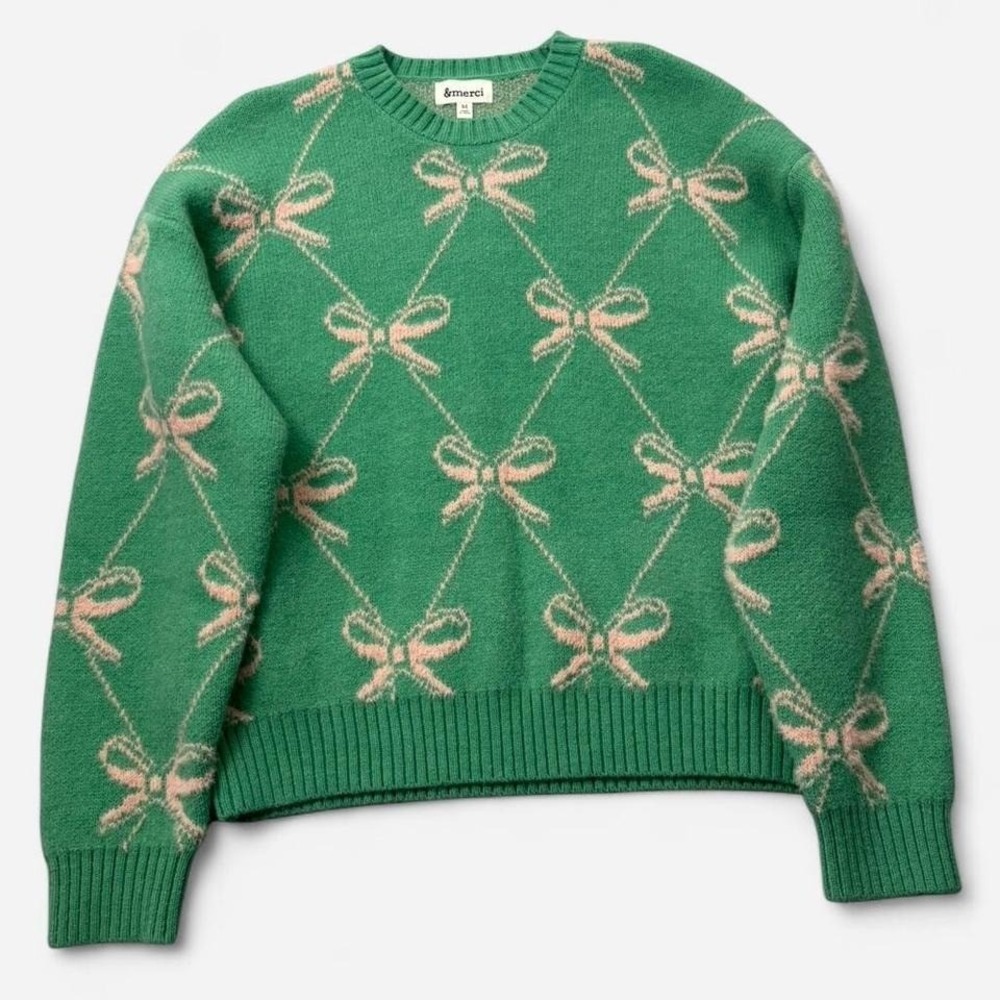 &merci Green & pink bow sweater Size M 0030